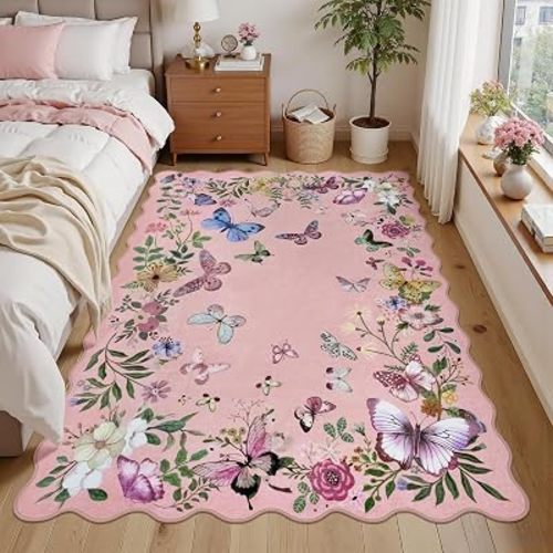 Rugalia Washable Scalloped Butterfly 5x7 Area Rug, Soft Non-Slip Pink Floral Rugs for Girls Bedroom Ultra Thin Modern Living Room Rug, Botanical Indoor Carpet for Nursery Playroom Dining Room