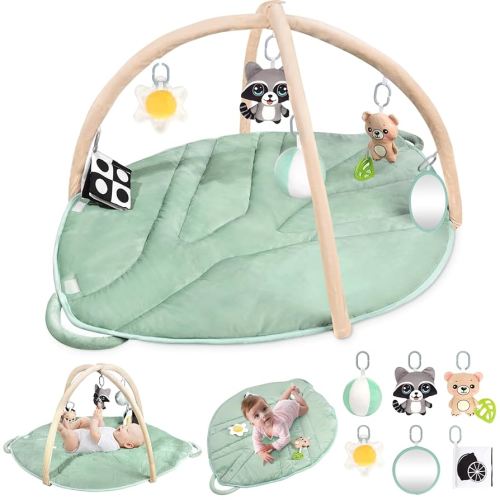 Baby Play Mat,Oversize Baby Tummy Time Mat for Sensory & Motor Skill Development Tree&Leaf Shaped Baby Activity Mat with 6 Detachable Sensory Toys Baby Play Gym Mat with Diaper Area (Sage Green)