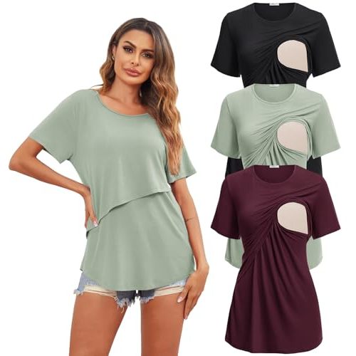 Ekouaer Women's Maternity Shirts Short Sleeves Nursing Tops 3 Pack Double Laye Breastfeeding Tees Pregnancy Clothes S-XXL