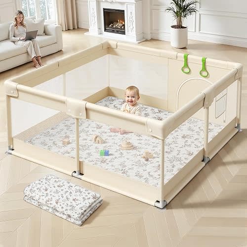 Uanlauo Baby Playpen with Mat, 47×47in Playpen for Babies and Toddlers