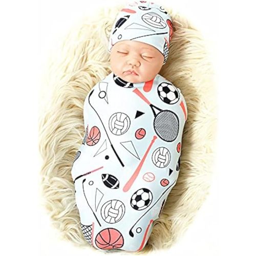 Galabloomer Newborn Swaddle Blanket with Beanie Set Baby Boy Receiving Blanket Sports Ball