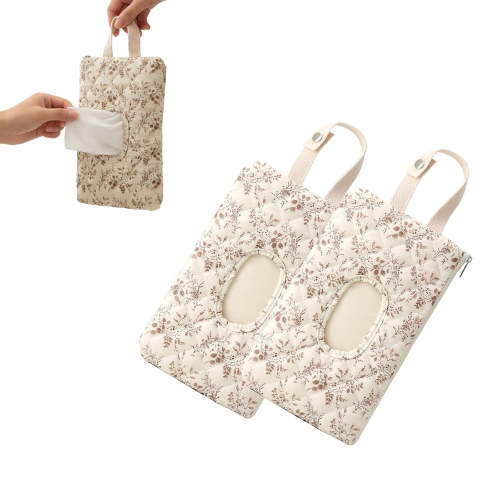 Quilted Floral Hanging Baby Wipe Pouch - Portable Mommy Bag for Wipes & Diapers, Refillable Wet Wipes Bag & Diaper Wipe Pouch, Compact Wipes Holder for Diaper Bag (2pcs-Beige)