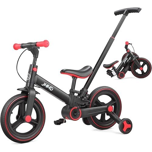 JMMD 6 in 1 Toddler Bike with Push Handle for Kids 18-60 Months, 12" Foldable Balance Bike with Training Wheels, Pedals, Brakes, Kickstand, Push Tricycle Toddler Gift & Toys for Boy & Girl