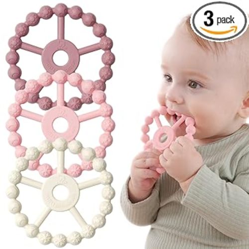 3 Pack Ring Teether Baby Infant Toys, Baby Essentials, Silicone Teething Ring Toys for Babies 0-6 Months, Seposeve Toddler Teethers 6-12 Months 12-24 Months, Infant Teething Relief, Purple Pink White
