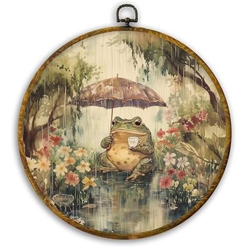 CUANFDDSF Vintage Frog Round Wall Art, Cottagecore Farmhouse Frog Framed Hanging Wall Decor, Whimsical Rainy Day Animal Canvas Prints Decorations for Home Bedroom Living Room, 10x10 Inch