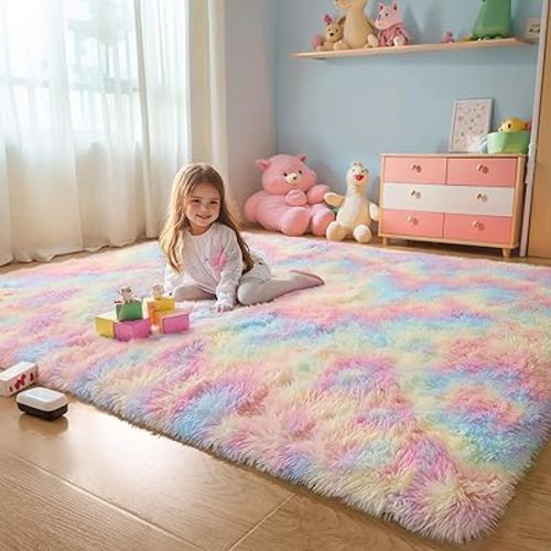 Washable 4x6 Rainbow Fluffy Shaggy Area Rugs, Kawaii Princess Soft Plush Carpet for Girls Bedroom Kids Playroom, Cute Colorful Fuzzy Rug for Nursery Dorm Baby Toddler Teenage
