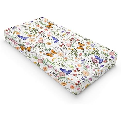 Spring Wildflower Butterflies Changing Pad Cover Watercolor Floral Summer Baby Changing Table Sheets for Baby Boy Girl Retro Botanical Soft Breathable Stretch Changing Table Mats 32''x16''