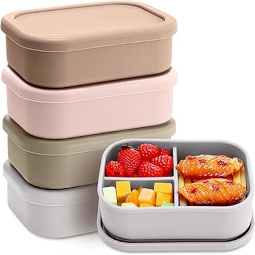 Honeydak 4 Pcs Silicone Bento Box for Adults, 3 Compartment Lunchable Food Container for Women Men, Leak Proof Microwave Dishwasher Freezer Safe (Bohemian Color)