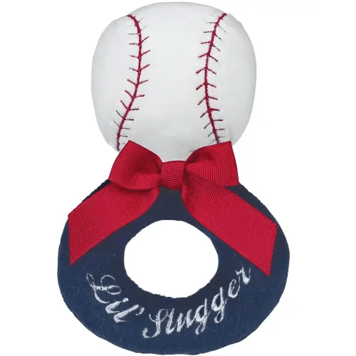 Bearington Baby Lil’ Slugger, 5.5 Inch Red, White and Blue Plush Stuffed Baby Baseball Soft Ring Rattle - Baseball Toys