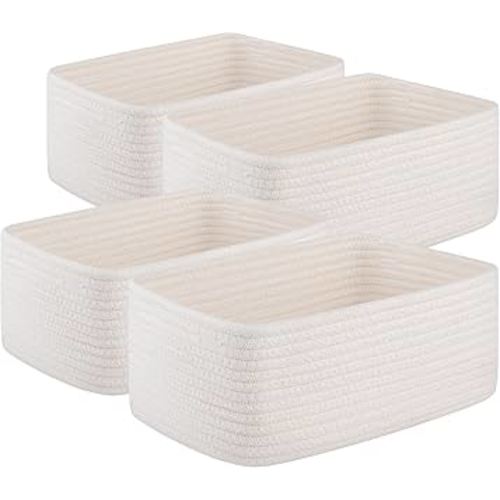 4 Pack Small Storage Shelf Baskets for Organizing, Mini Woven Rope Storage Bins for Towels, Cute Decorative Closet Organizer,Baby Nursery, Gift Empty Baskets -11.81''Lx7.87''Wx4.72''H-White