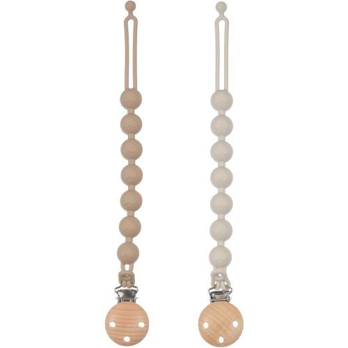 Silicone Pacifier Clips for Baby, 2-in-1 One Piece Design Pacifier Holder & Teething Ring Toy, BPA Free, 2 Pack (Sand+Light Grey)