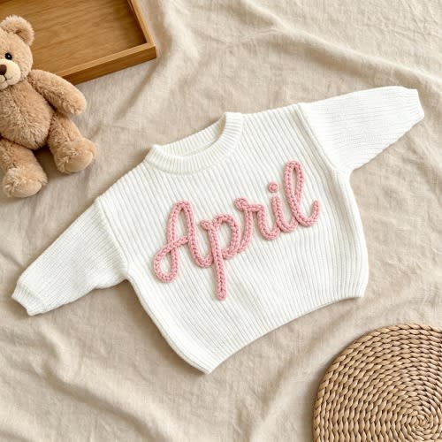 Hand Embroidered Baby Name Sweater, Personalized Baby Sweater with Name, Custom Knit Newborn Crewneck Sweater, Crochet Knitted Baby Jumper