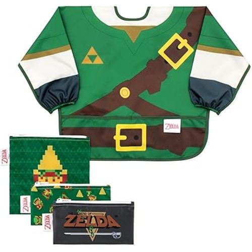 Bumkins Nintendo The Legend of Zelda Sleeved Bib and Snack Bag Set – Waterproof Feeding Bib for Ages 6–24 Months and Reusable Sandwich and Snack Bags for Kids 3+