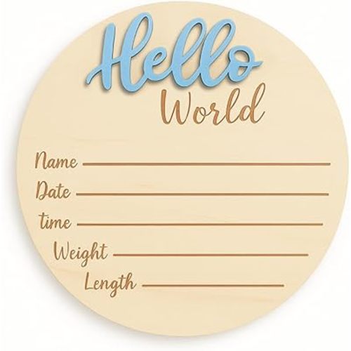 Baby Announcement Sign – 6” Wooden Hello World Newborn Name Sign, Hospital Birth Stat Plaque, Gender-Neutral Welcome Baby Keepsake, Personalized Photo Prop for Boys & Girls, Newborn Gift (Blue)