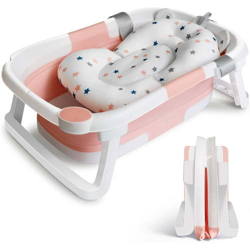 SHANNA Foldable Baby Bath Tub with Thermometer, Newborn Baby Plastic Bathtub with Cushion Pad, Childrens Collapsible Travel Shower Bath Tubs, Pink