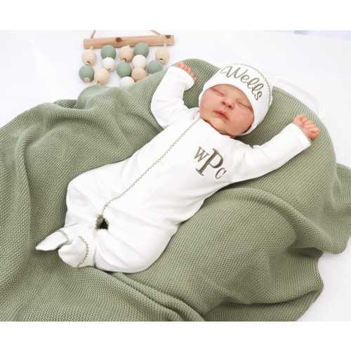 Baby Boy Footie, Personalized Newborn Outfit, Monogrammed Baby Sleeper, Custom Embroidered Name, Coming Home Outfit, Baby Shower Gift