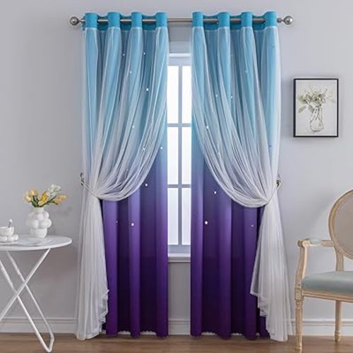 indistar Colourful Stripe Star Cut-Out Blackout Curtains for Bedroom,2 Layers Mix Design of Fabric & Tulle,Pretty Window Curtain for Kids Room 1 Panel (W52 x L63 Blue Purple)