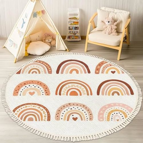 Round Boho Rug Hand Drawn Rainbows Cute Set in Pastel and Earthy Colors Area Rug 4 ft x 4 ft Cotton Linen Blend Rug for Living Room and Outdoor