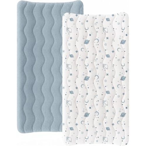 Konssy 2 Pack Quilted Muslin Changing Pad Cover, Waterproof Layer 32" x 16"