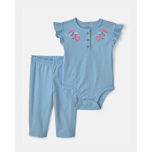 Baby Girl 2-Piece Floral Bodysuit & Pant Set - Blue | Carter's