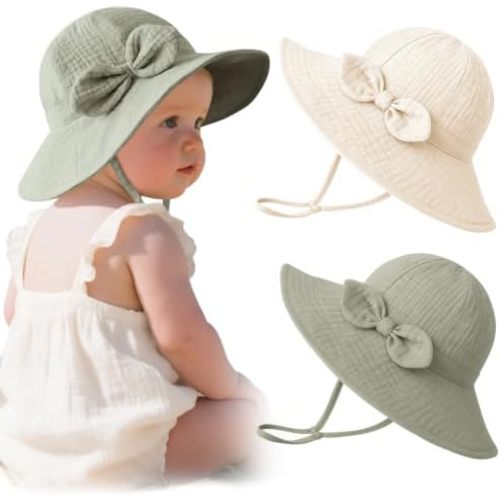 Konssy 2-Pack Muslin Baby Sun Hats for Girls with Bows, UPF 50+