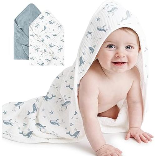Konssy 2-Pack Muslin Hooded Baby Towels, 100% Cotton, Ultra-Soft & Absorbent Baby Bath Towels with Hood for Newborn & Infant (Blue, Blue Whale, 32" x 32")