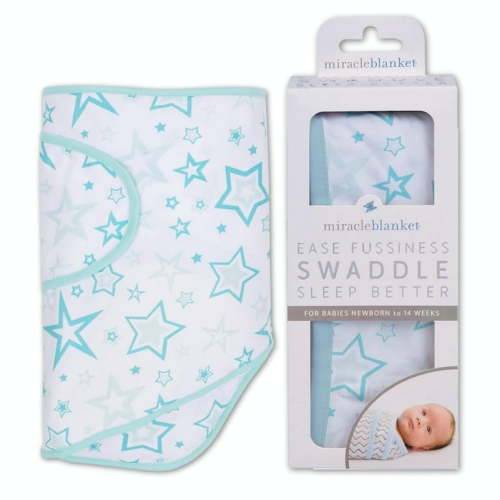 Miracle Blanket Swaddle Wrap - Boy, Girl, or Neutral Receiving Baby Blanket - Soft, Wearable Sleep Sack Essential for Newborns and Infants (Aqua Stars with Aqua Trim)