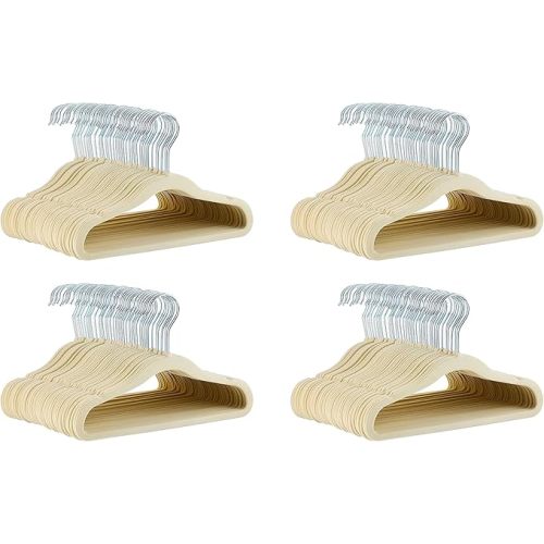 Amazon Basics Kids Space Saving Velvet Non-Slip Clothes Hangers with Shoulder Notches, Sturdy Construction for Closet Organization, 11.6", Beige, 30-Pack