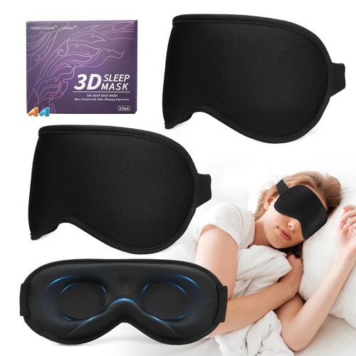3D Sleep Mask for Men Women 2 Pack, Blackout Eye Mask for Sleeping Eye Mask for Side Sleeper, Memory Foam Adjustable&Washable, Airplane Travel Essentials Couples Yoga Meditation Office Black & Black