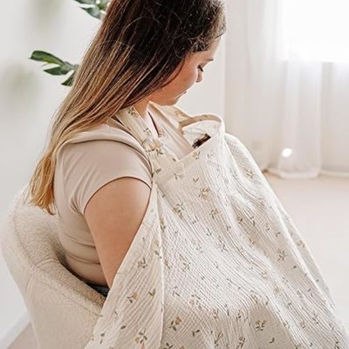 Muslin Nursing Covers for Breastfeeding with Arch Neckline, 100% Cotton Nursing Apron Multi-use Stroller Cover (Pink Blossom)