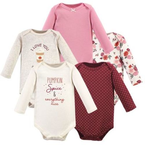 Hudson Baby Basics Infant Girls Cozy Long Sleeve Bodysuits 5-Pack, Autumn Bloom, 0-3 Months