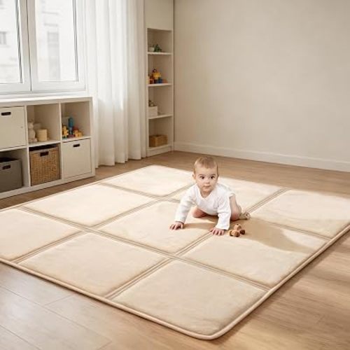 Goyuu Foldable Baby Play Mat for Floor, 50x50 Playpen Mat, 0.8" Baby Foldable Crawling Mat Tummy Time Mat, Beige