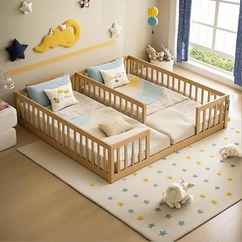 PVWIIK Double Frame Twin Size Floor Bed with Fence for Kid,Girls & Boys,Montessori Wood Bed Frame w/Safety Guardrails & Easy Assemble,Natural