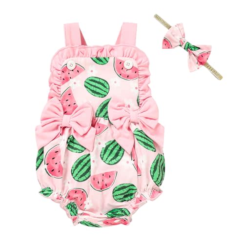 GRNSHTS Baby Girl Summer Romper Infant Floral Fruit Print Clothes Toddler Ruffles Bodysuit Sleeveless Strap One Piece Outfits