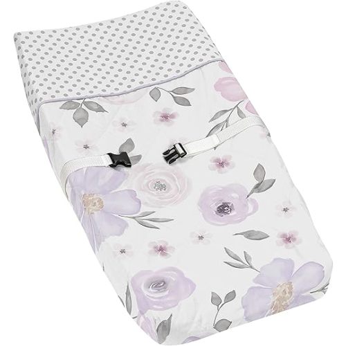 Sweet Jojo Designs Lavender Purple, Pink, Grey and White Changing Pad Cover for Watercolor Floral Collection - Rose Flower
