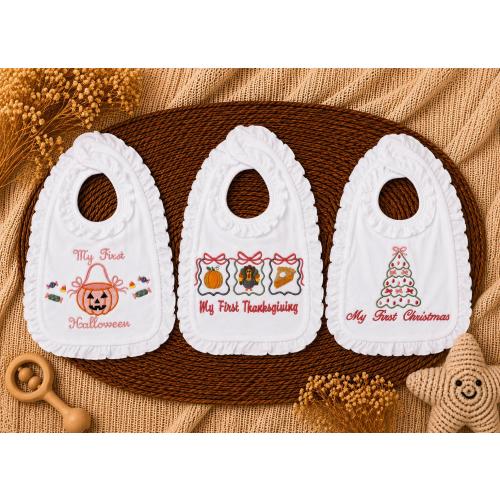 My First Holiday Bib Set | Baby Girl Halloween Thanksgiving Christmas Bibs | Embroidered Ruffle Bib Set | Baby First Holidays