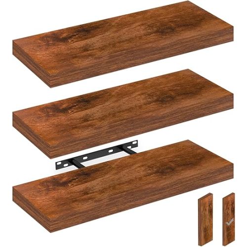 3 PCS Floating Shelves for Wall - Hidden Bracket Floating Shelf, Brown Bathroom Shelves, Space Saving, Wood Grain Long Brown Shelf, for Living Room,Bathroom &Kitchen(16.81 * 6.89 * 1.77inch)
