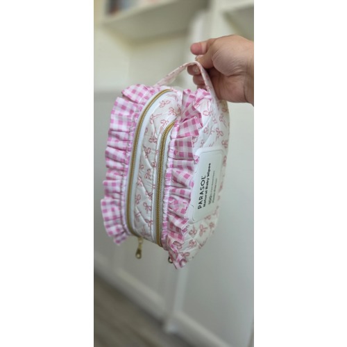 Pink Bow Diaper + Wipe Pouch W/ Gingham Ruffles