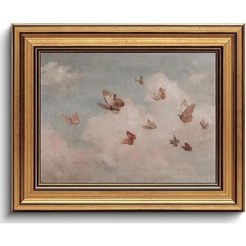 AYHSSMO Vintage Gold Framed Wall Art Pink Butterfly Wall Decor Cottagecore Canvas Art Cloud Pictures Nursery Paintings For Living Room Bedroom Corridor 8x10in