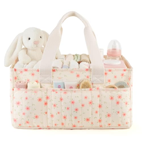 Baby Diaper Caddy Organizer with Portable Changing Mat-Portable Baby Organizers and Storage, Gift for Baby Shower, Baby Essentials Organizer with Removable Dividers (Pink Floral)