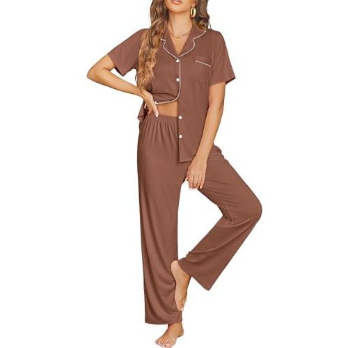 Ekouaer Womens Pajama Sets Button Down Pjs 2 Piece Short Sleeve Sleepwear with Pants Soft Loungewear
