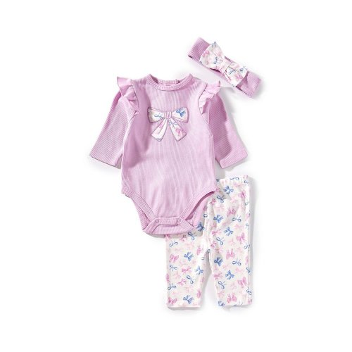Little Me Baby Girls Short Sleeve Pretty Bows Print Bodysuit And Pants With Headband Set