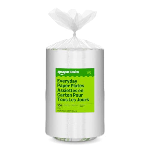 Amazon Basics Everyday Disposable Paper Plates, 8.62 Inch, Microwave-Safe, Cut Resistant, Soak-Proof, 300 Count