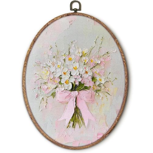 Vintage Pink Bow Floral Bouquet Round Wall Art Framed, White Floral Round Wall Decor, Vintage Flower Hanging Canvas Prints Wall Sculptures for Home Bedroom Living Room Decor, 10x10 Inch