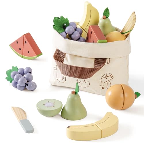ROBOTIME Wooden Play Food Cutting Fruit Set, Pretend Play Toy Food for Play Kitchen with Shopping Bag – Kids Kitchen Accessories, Wooden Fruit Toys for Kids Boys Girls