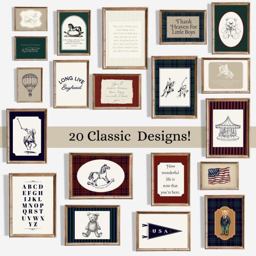 Mega Bundle Classic Boys Nursery Gallery Wall Art: Vintage Polo Player, Teddy Bear, Toys, Transportation, Americana, Alphabet, Bible Verses