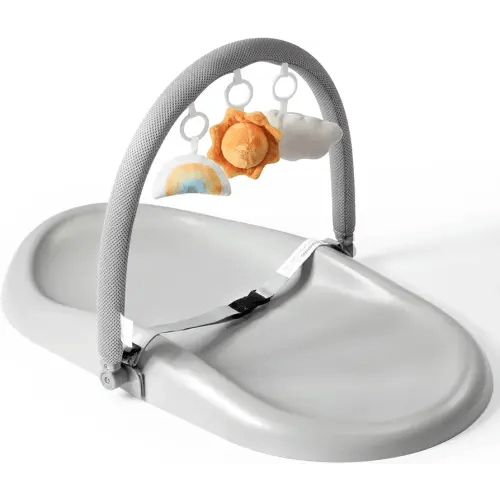 Wipe-Clean Baby Changing Pad, Waterproof Durable PU Pad, Soft & Non-Slip Safety Belt & Hanging Toys, Easy to Adjust & Removable Bar, Gray