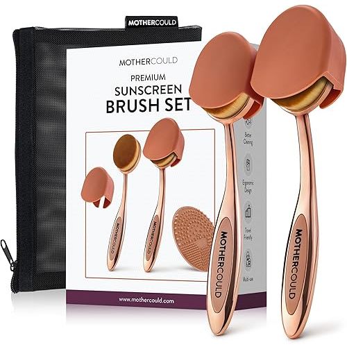 Mothercould Premium Sunscreen Brush Set – Kids & Baby Sunblock Applicator with Metal Handles, Travel Bag, 2 Brushes, 2 Caps, & Cleaning Mat – Rose Gold – Mess-Free Sun Care (2 Pack) (Rose Gold)