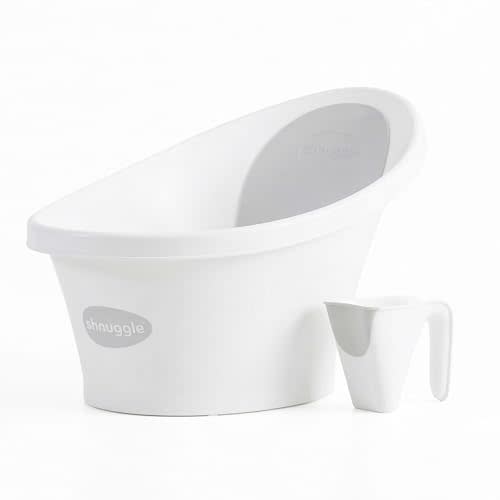Shnuggle Newborn Bath Essentials Bundle | Baby Bath with Support Bump and Soft Backrest & Rinse Jug | Safe, Gentle, and Stylish Bathtime Set for Babies & Toddlers | White/Grey