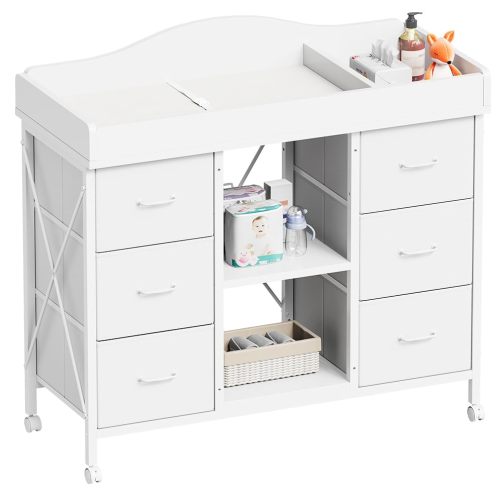 Yetom Changing Table, 6-Drawer Baby Dresser with Changing Table top, Waterproof Diaper Changing Station & Pad, 2 Height-Adjustable Open Storage Shelves, Mobile Nursery Organizer, White
